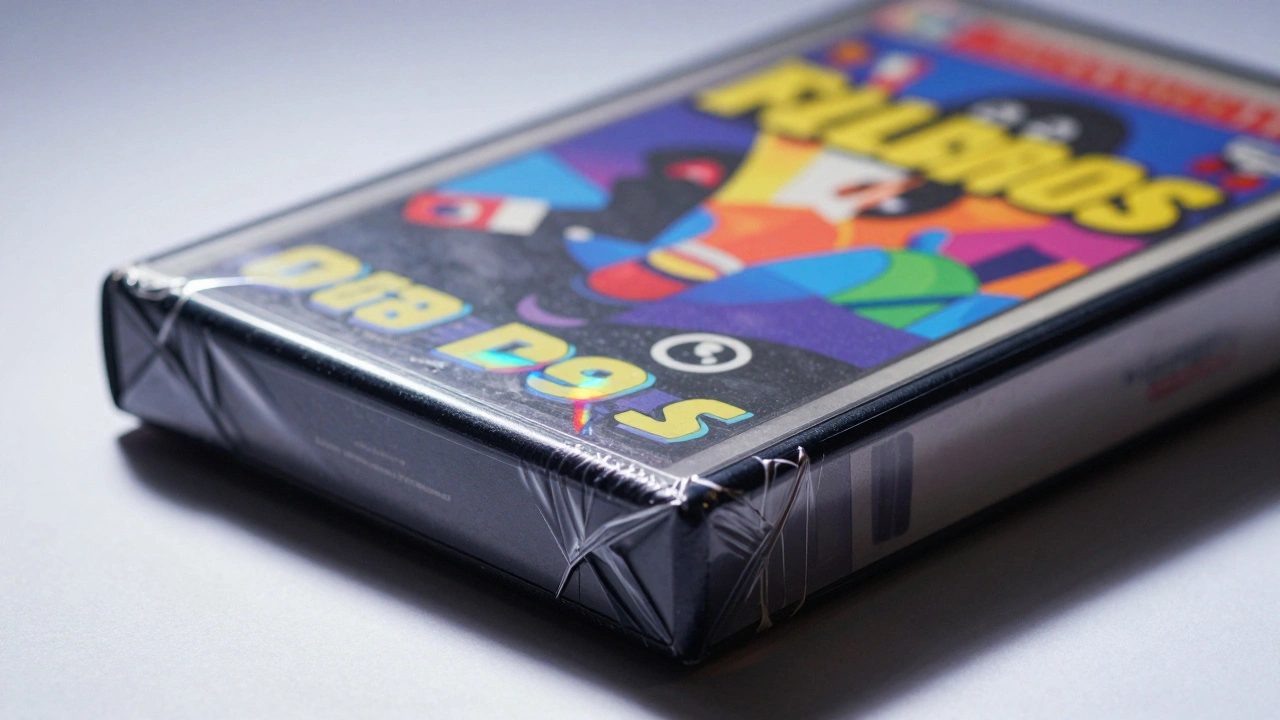 Sealed retro video game box with intact protective wrapping