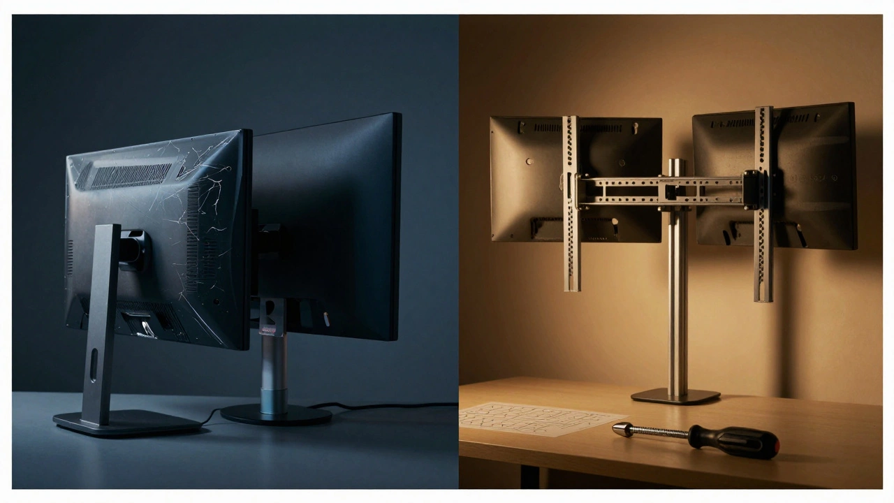 Split image comparing a failing plastic mount to a stable steel mount with proper weight distribution.