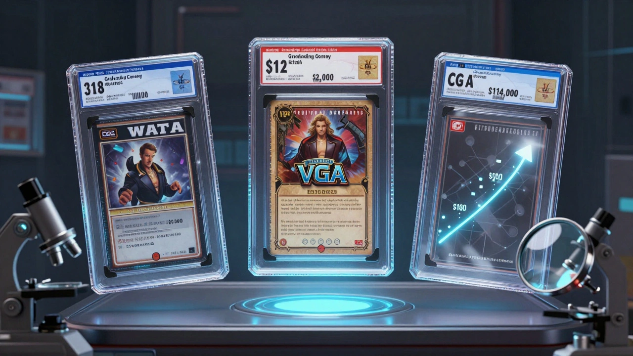 Three grading company labels hovering over sealed vs. opened game with price comparison.