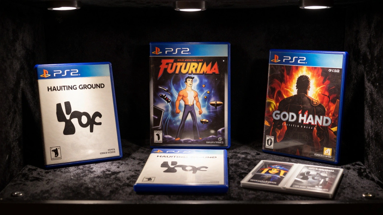 Three rare PS2 games in pristine Complete-in-Box condition under museum lighting: Haunting Ground, Futurama, and God Hand.