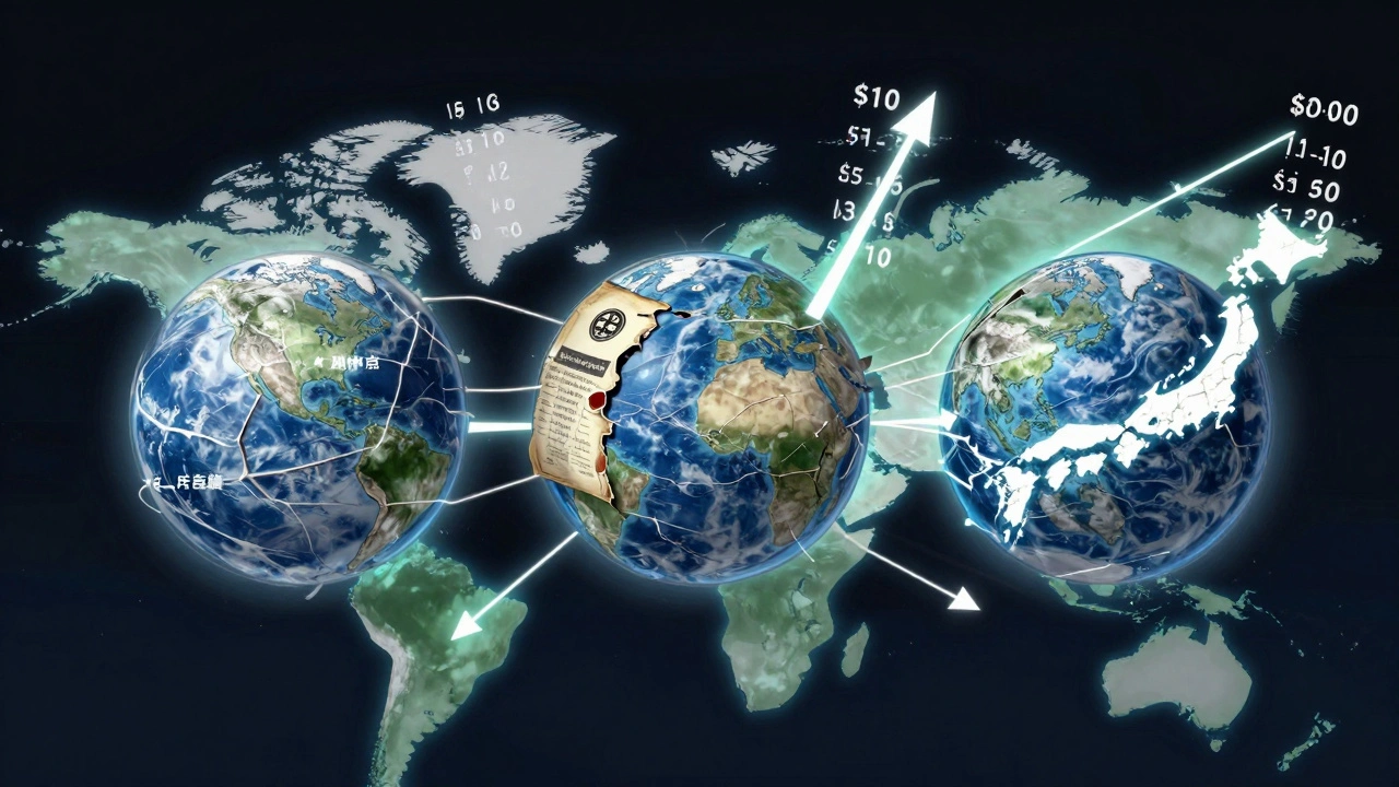 Three versions of EarthBound with varying conditions connected to rising price graphs, above a map showing regional price differences.