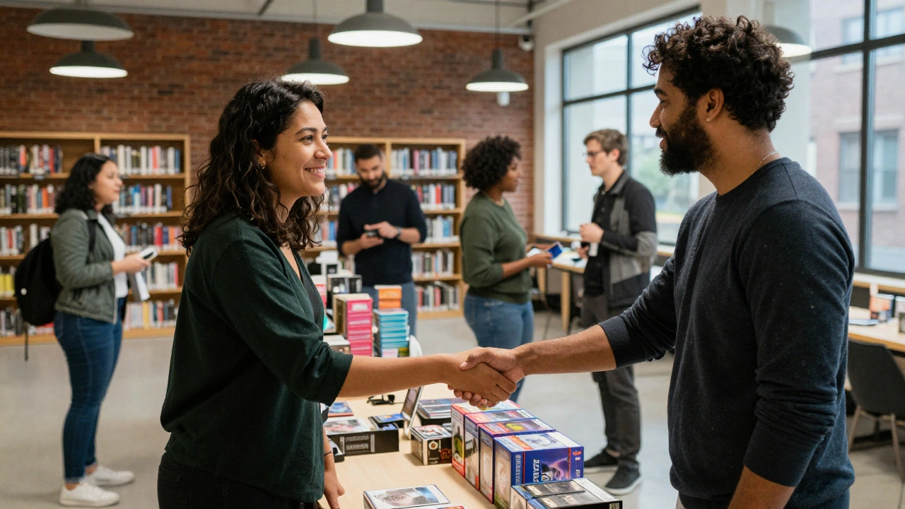 Two gamers exchanging items at a community trade night event.