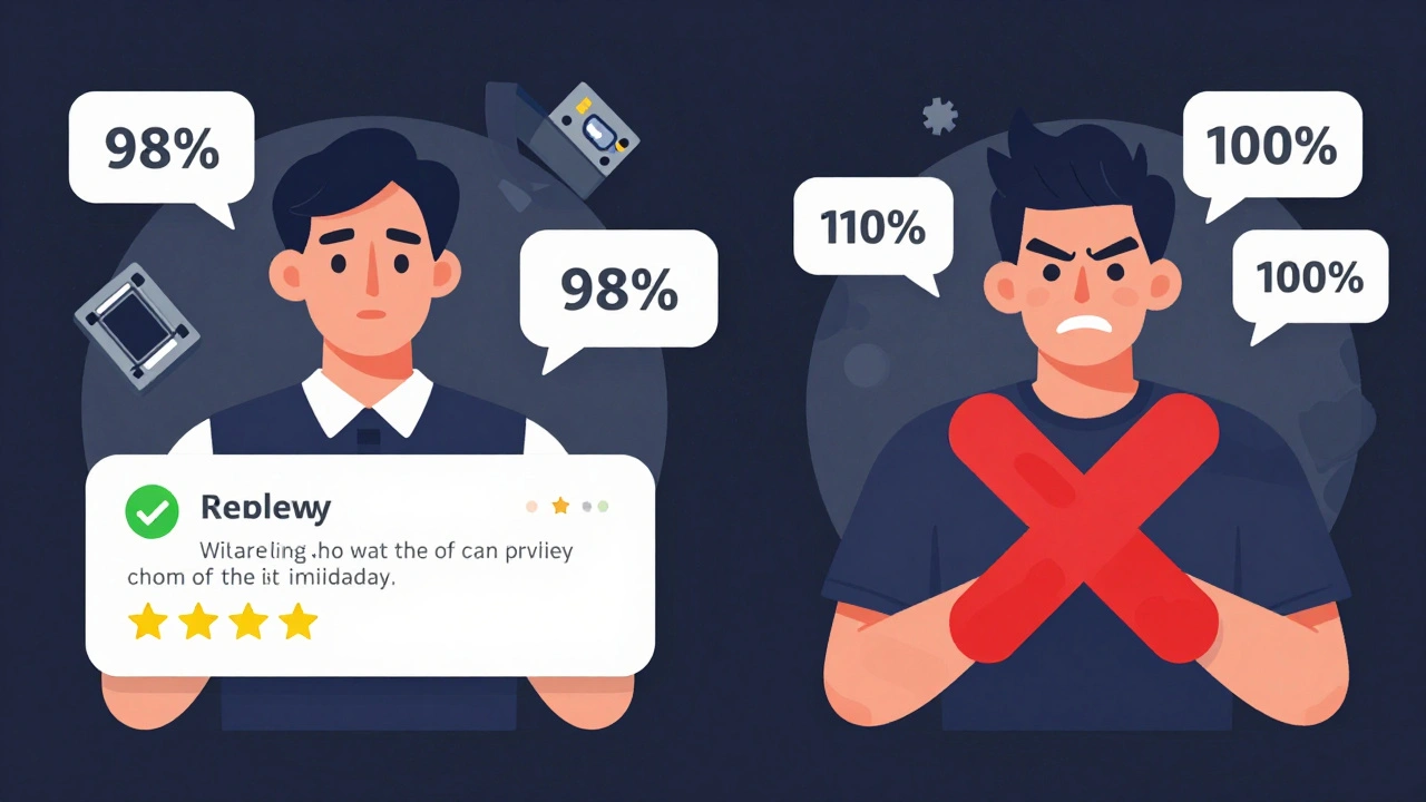 Two seller responses to feedback: one helpful, one hostile, with floating rating percentages.