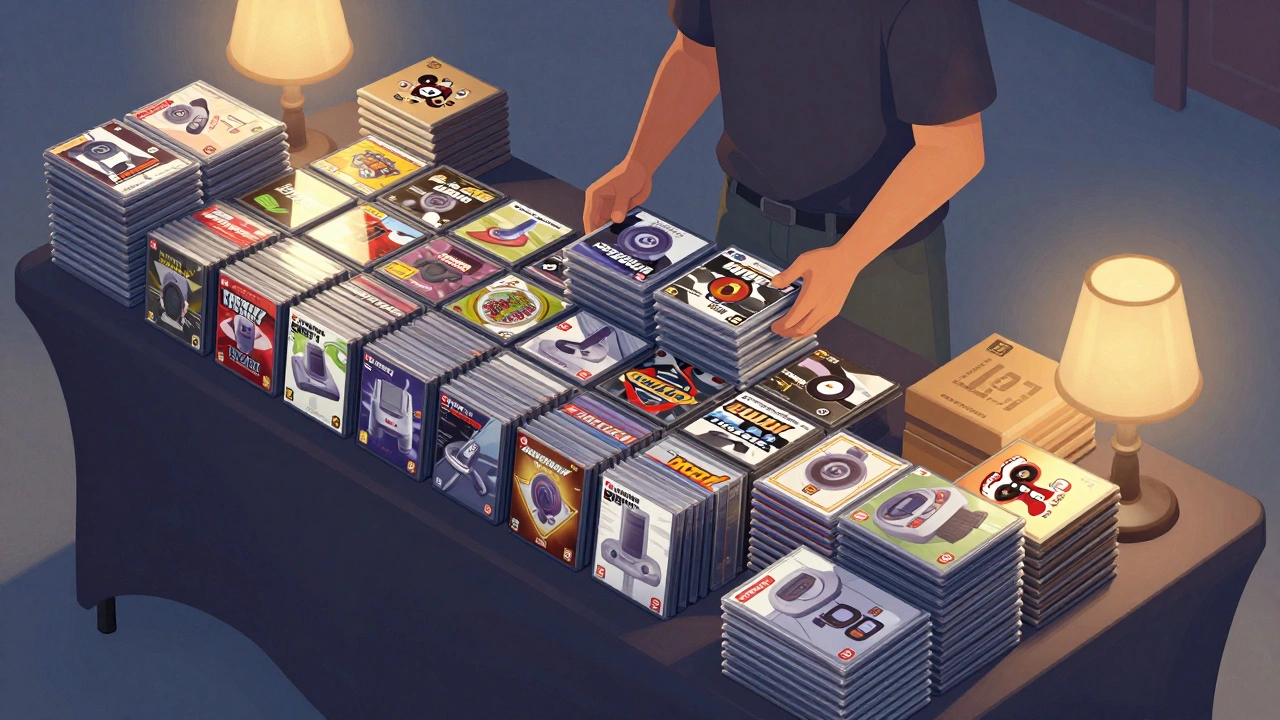 Vendor table organized with game cases facing customers securely.