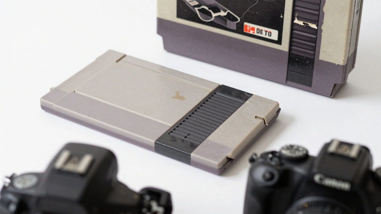 Worn game manual with folded corner and water stain beside faded box and price sticker.