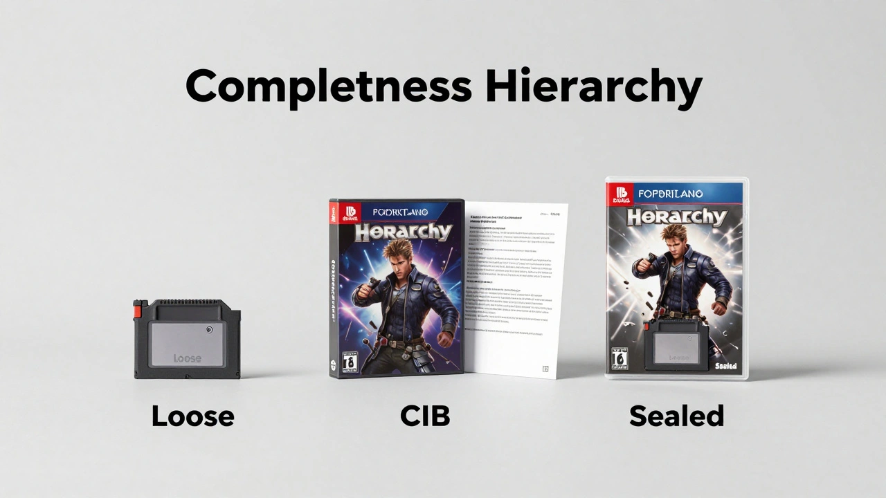 A comparison of a loose game, a complete-in-box game, and a factory-sealed game on a grey background.