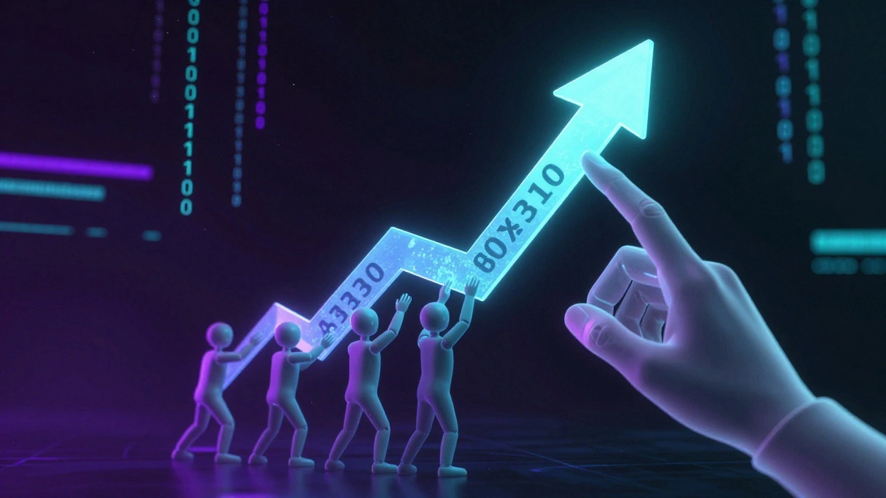 A conceptual image of a puppet master manipulating fake bidders to inflate a price tag.