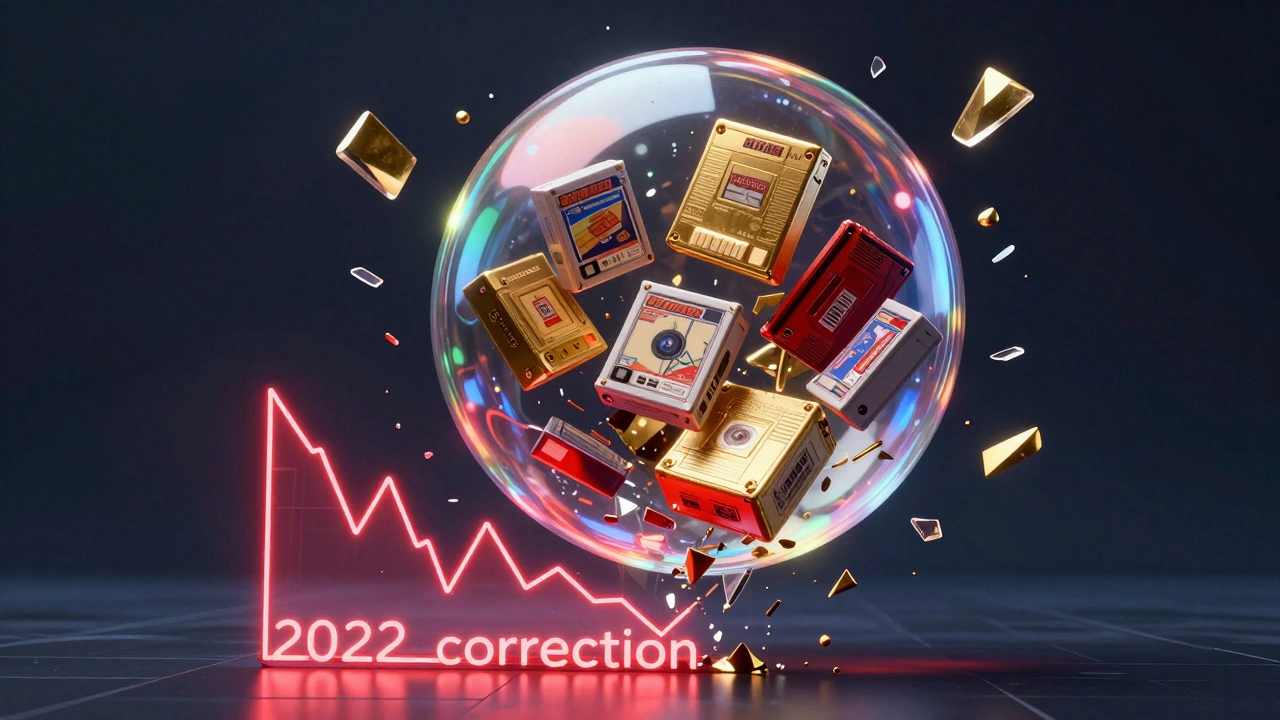 A conceptual image of a shattering bubble containing vintage video games over a falling red graph.