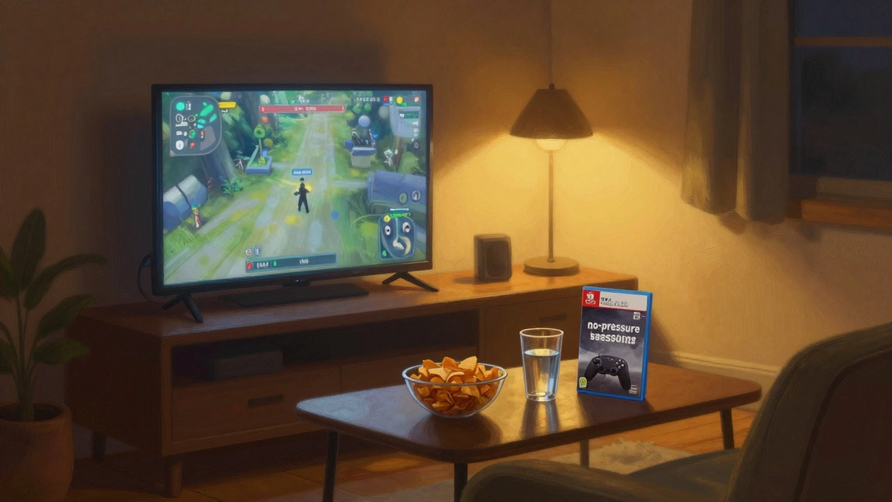 A cozy night-time gaming setup with snacks and one game, focusing on a relaxing play session.