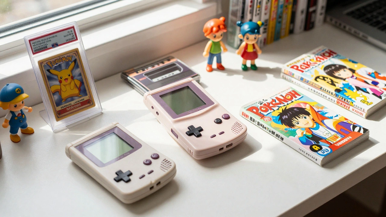 A diverse collection of graded Pokemon cards, vintage consoles, and manga on a sunlit desk.