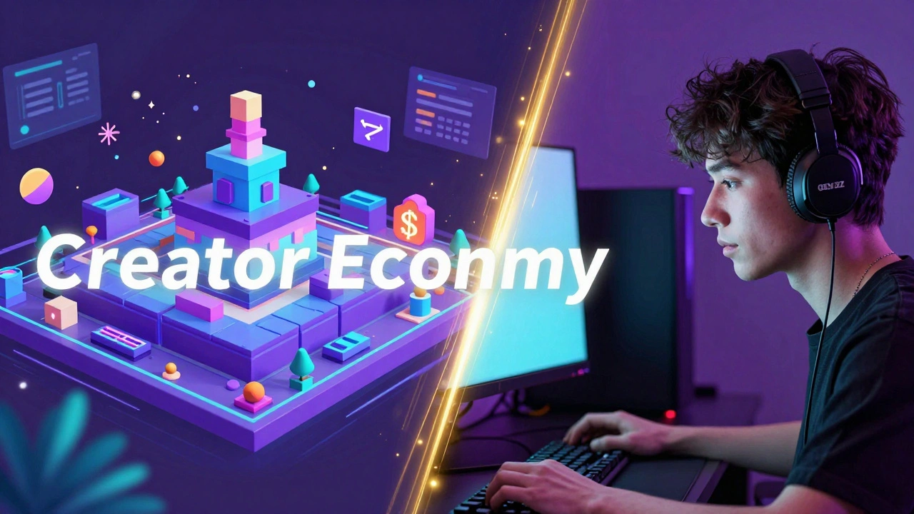 A futuristic digital artwork showing a young creator designing a virtual 3D world on a PC.