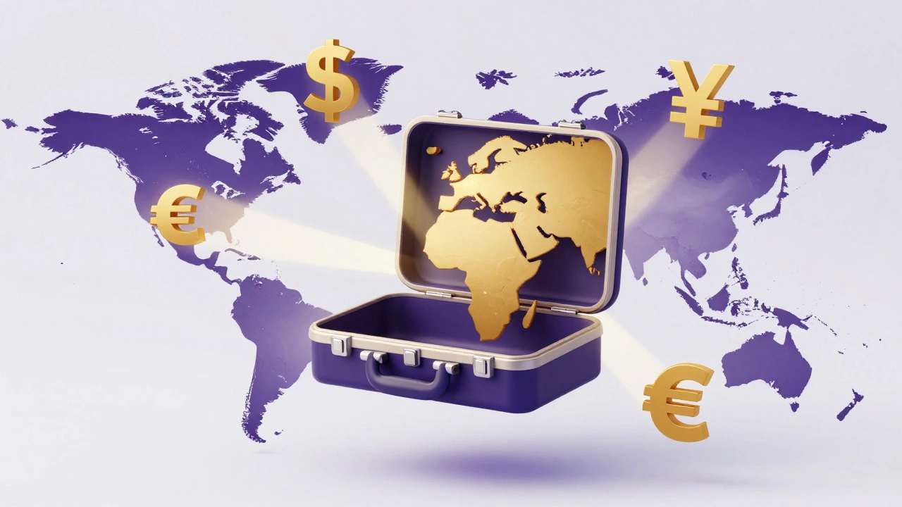 A game case surrounded by global currency symbols and world maps.