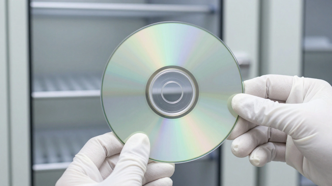 A GD-ROM disc held by gloved hands for careful preservation