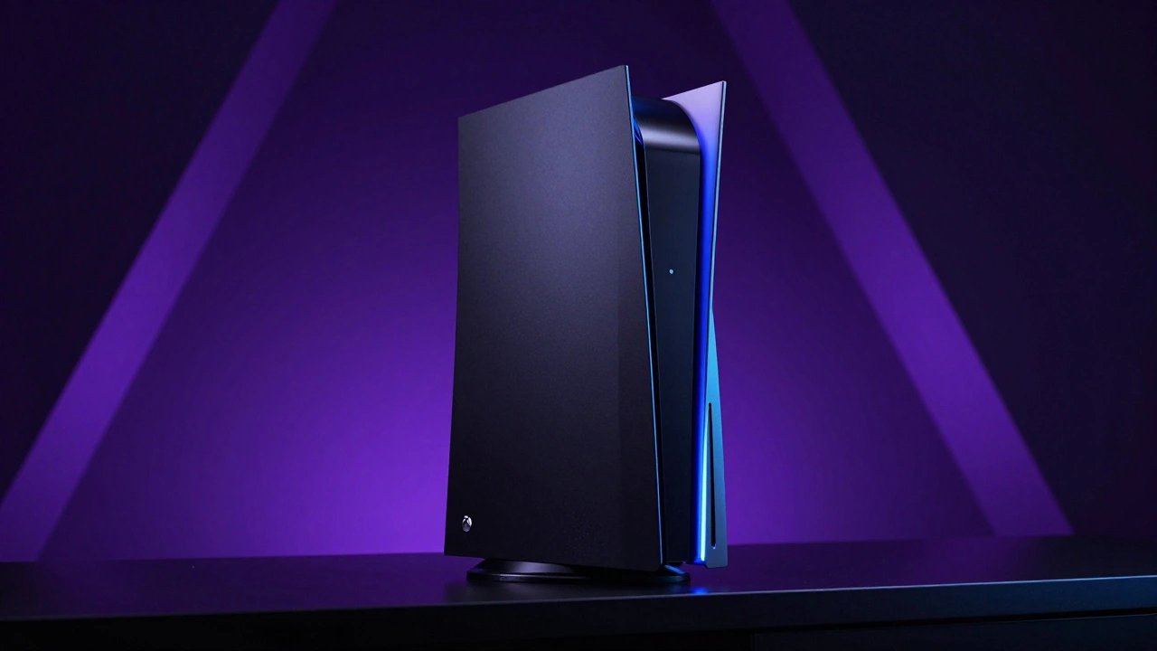 A high-end, powerful black gaming console with neon lights in a moody, dark setting.