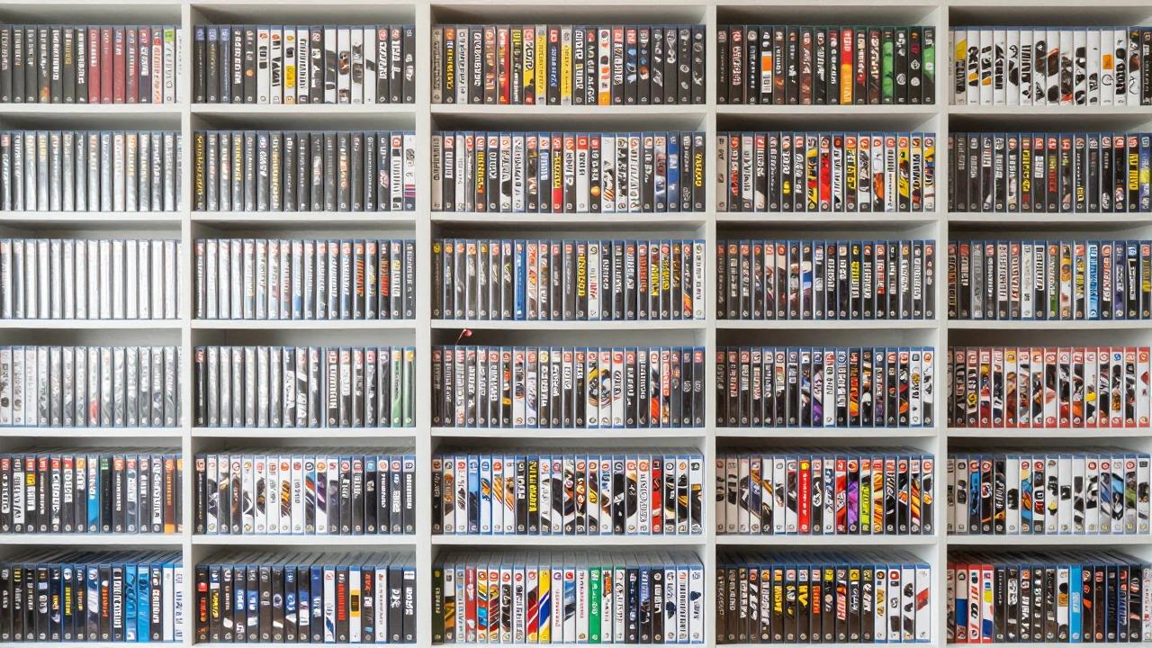 A large, organized collection of video game boxes protected by clear poly bags on a shelf