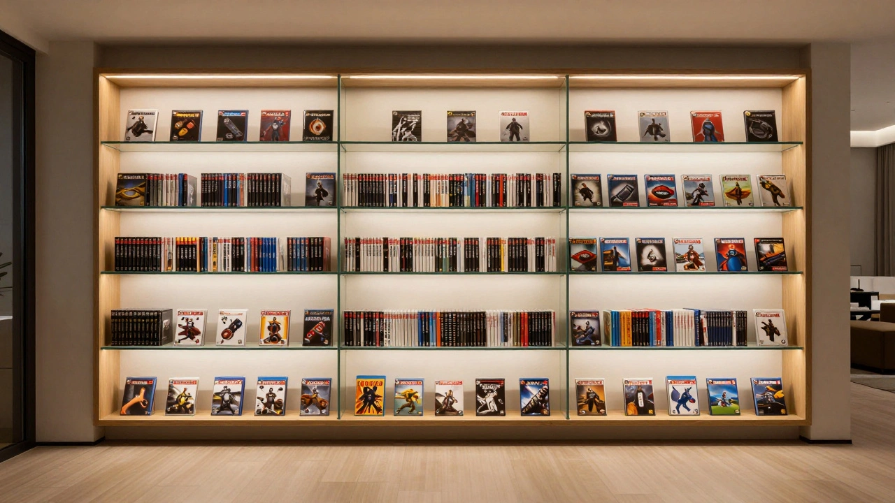 A luxury glass display shelf housing a collection of graded vintage video games