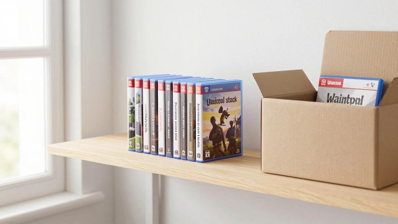 A minimalist shelf with a few selected games and a cardboard box for decluttering.