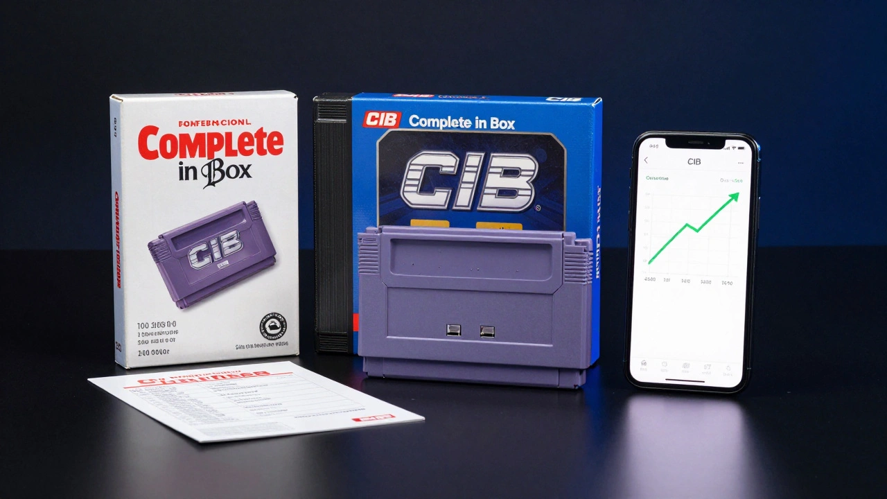 A mint condition retro game box and manual next to a phone showing a price graph