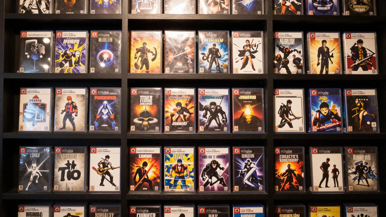 A neatly organized collection of rare video games in protective plastic sleeves on a shelf.