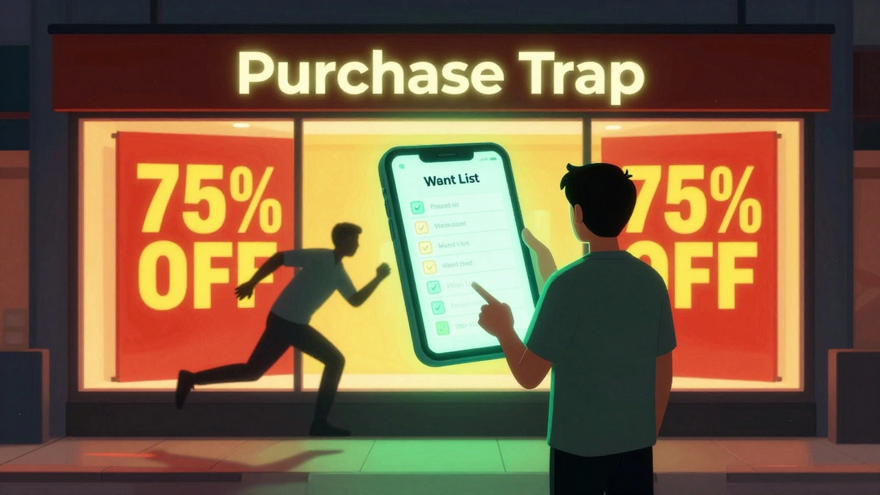 A person ignoring a flashy store sale by checking their ranked game want list on a tablet