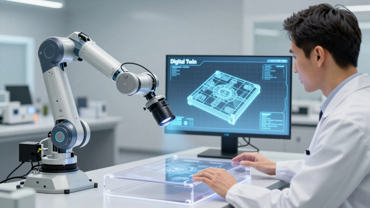 A robotic arm scanning a slabbed video game alongside a human expert in a lab.