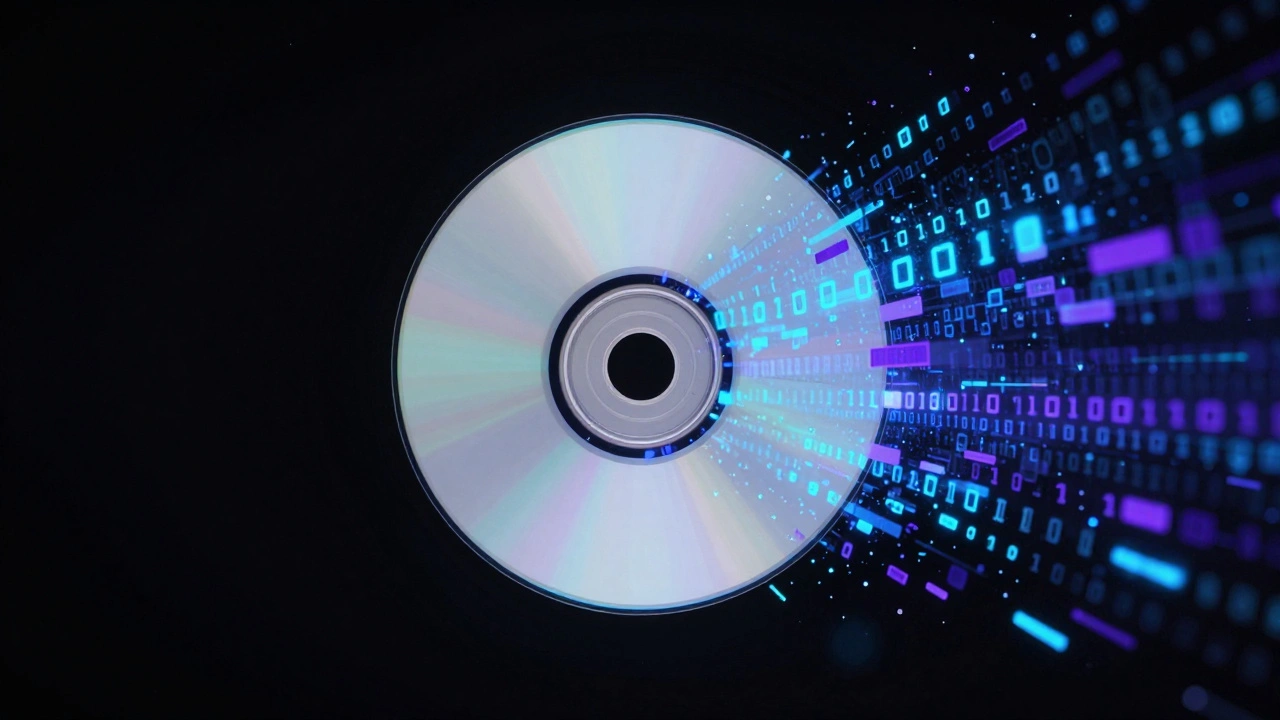 A video game disc dissolving into glowing blue and purple digital binary code.