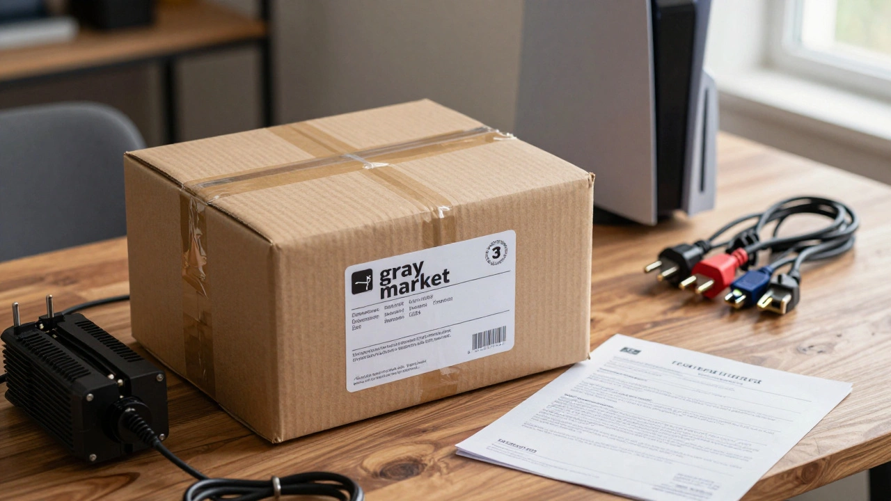 An imported gaming package on a table with a voltage transformer and power plugs.