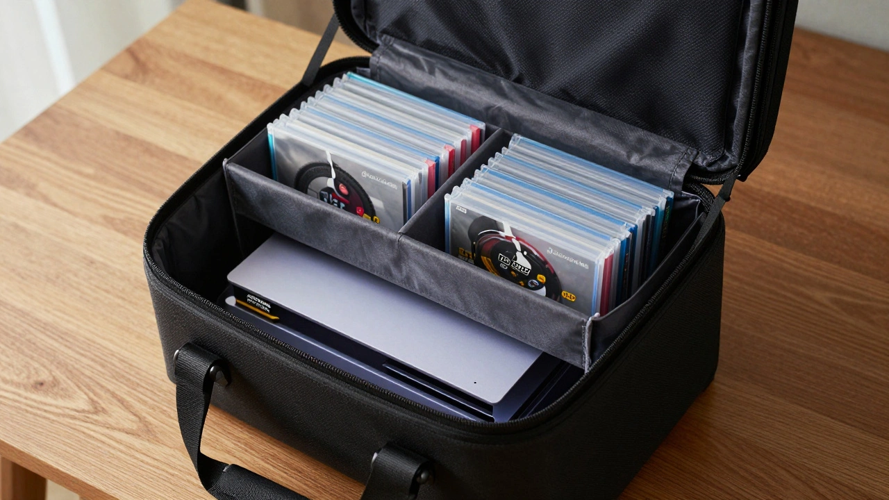 An open ergonomic gaming bag with organized compartments holding protected video games and consoles.