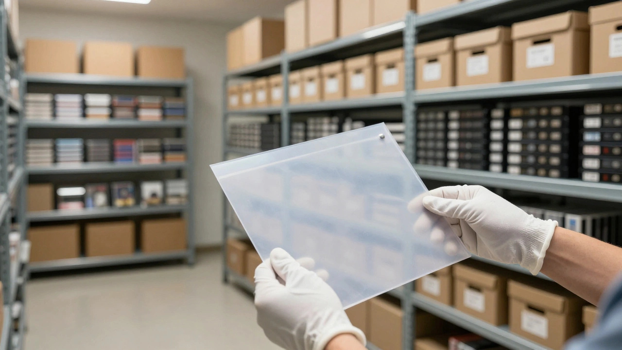 Archivist in gloves placing a video game into an acid-free sleeve in a climate-controlled library.