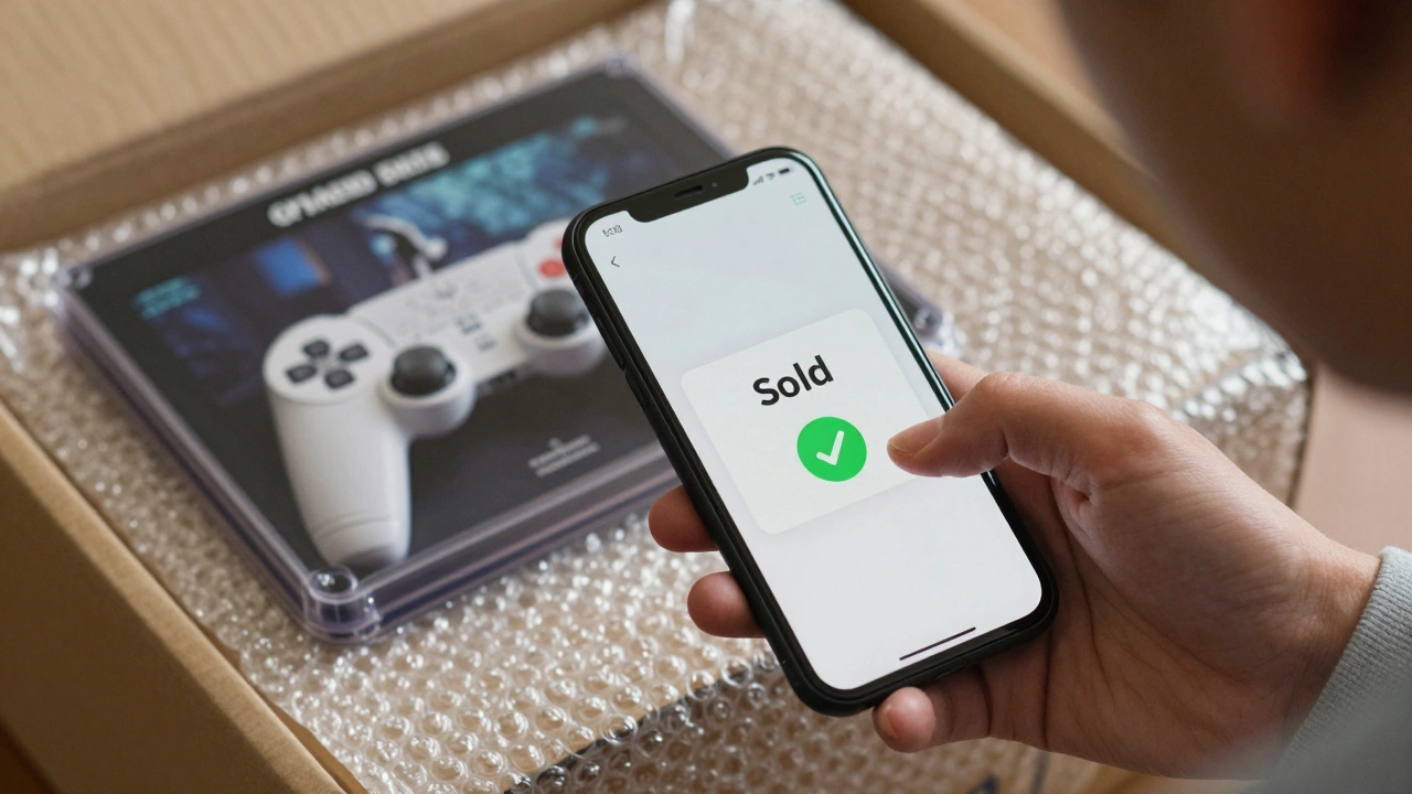 Close-up of a seller marking a game as sold on a phone and packaging the item for shipping.