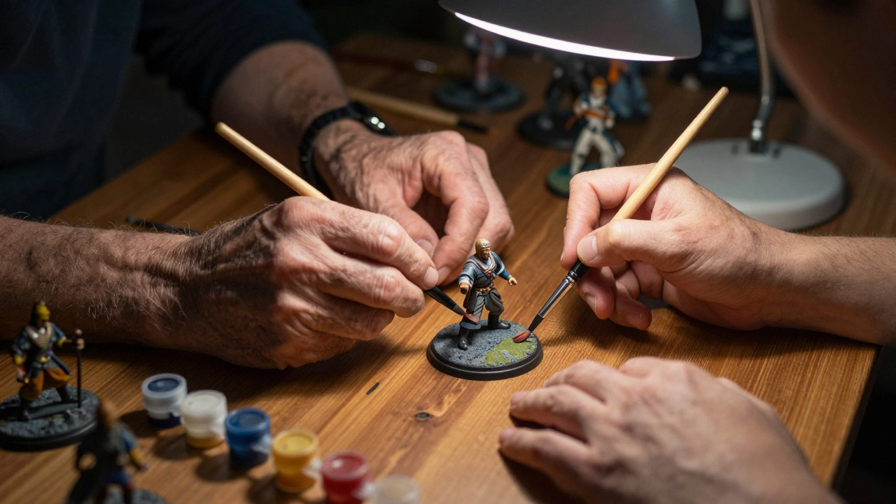Close-up of an older person and a youth painting a detailed miniature gaming figure together.
