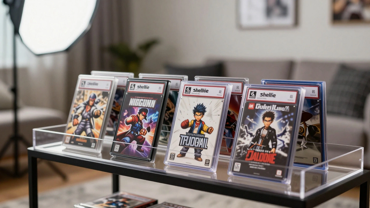 Close-up of professionally graded rare video games displayed on a shelf.