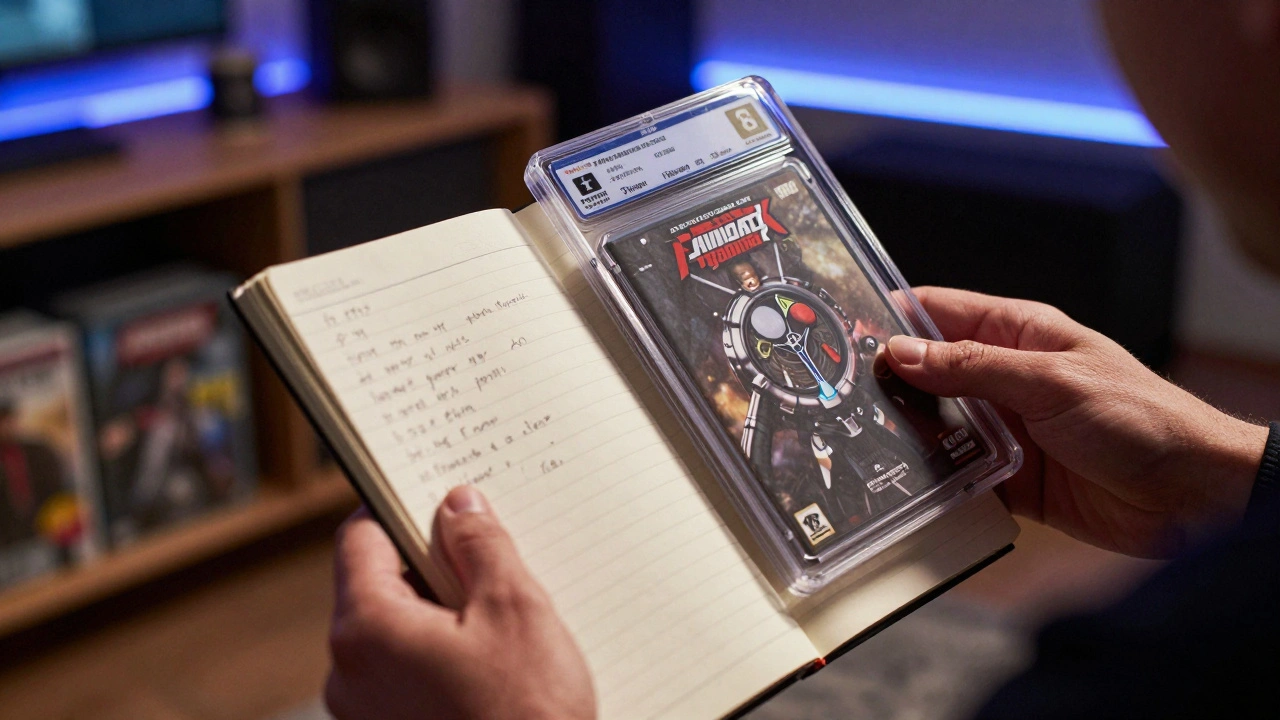 Collector comparing a graded video game slab to a notebook of predictions