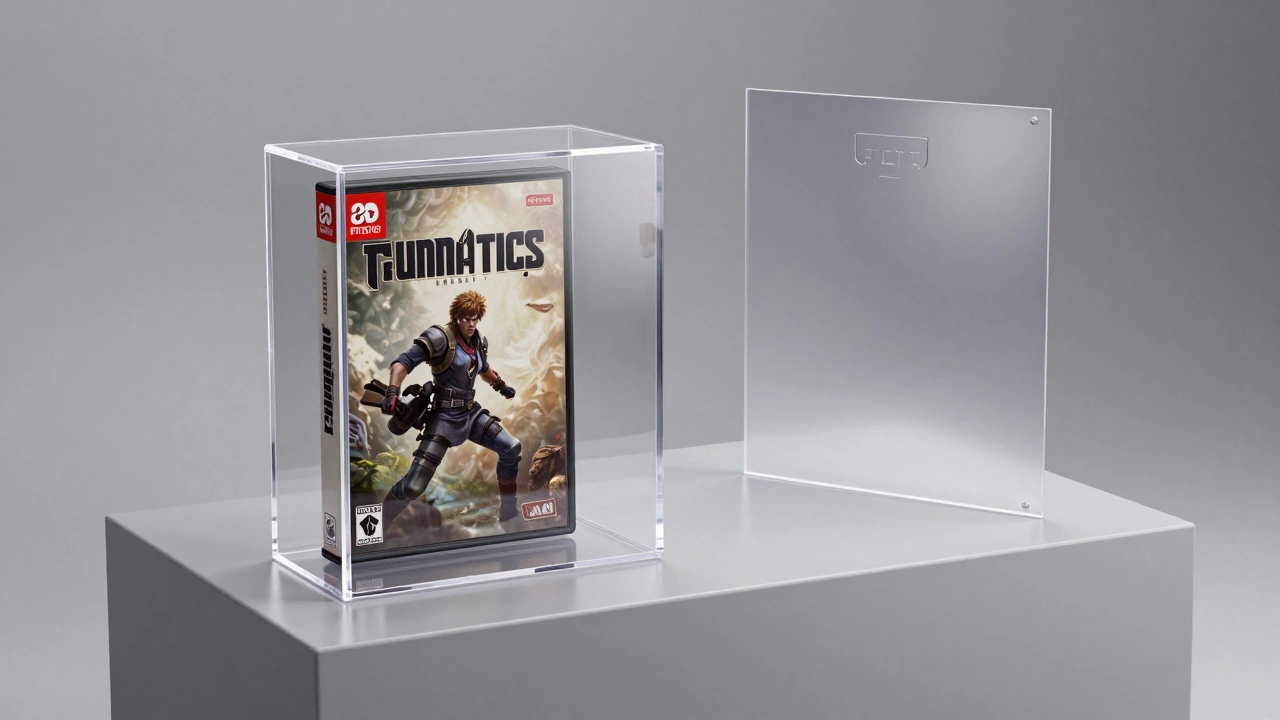 Comparison of a video game in a thick acrylic case and a PET polyester protector on a neutral background.