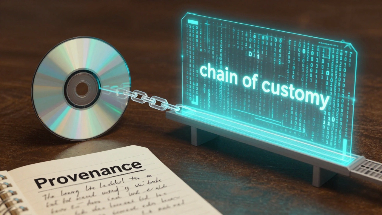 Conceptual art showing a chain connecting a physical game disc to digital checksum data.