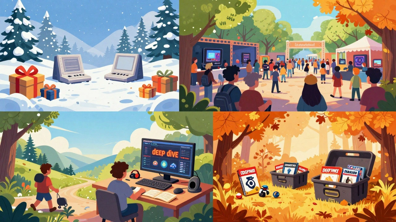 Conceptual art showing four gaming seasons from winter gifts to summer research.