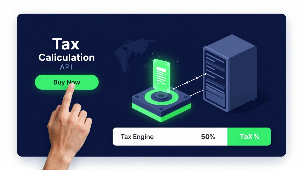 Conceptual illustration of a Tax Calculation API processing a game purchase in real-time.