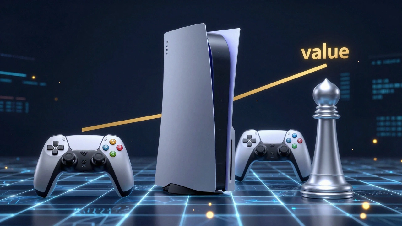 Conceptual illustration of three different gaming consoles on a digital grid with a gold scale.