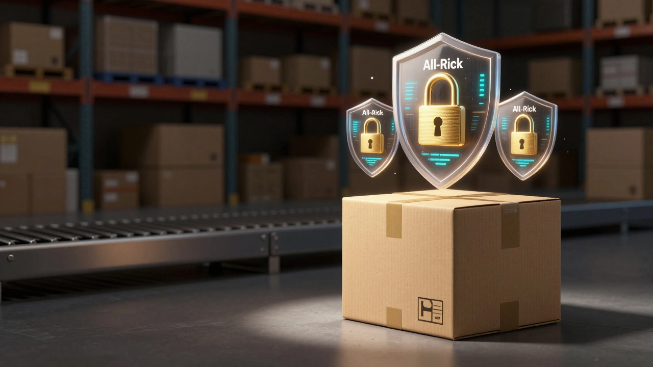 Conceptual image of a shipping box protected by golden digital security shields