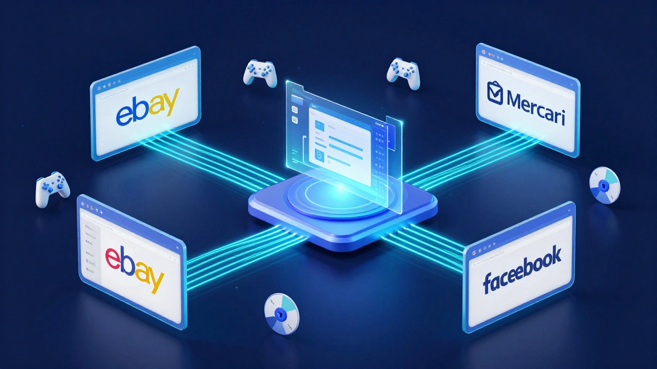 Digital illustration showing a central tool syncing game listings to multiple online marketplaces.