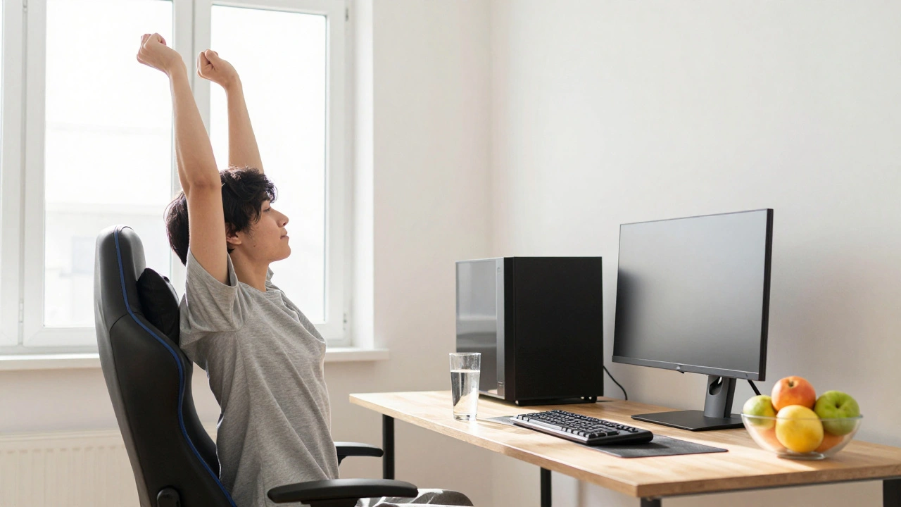 Gamer taking a health break with water and fruit next to their computer