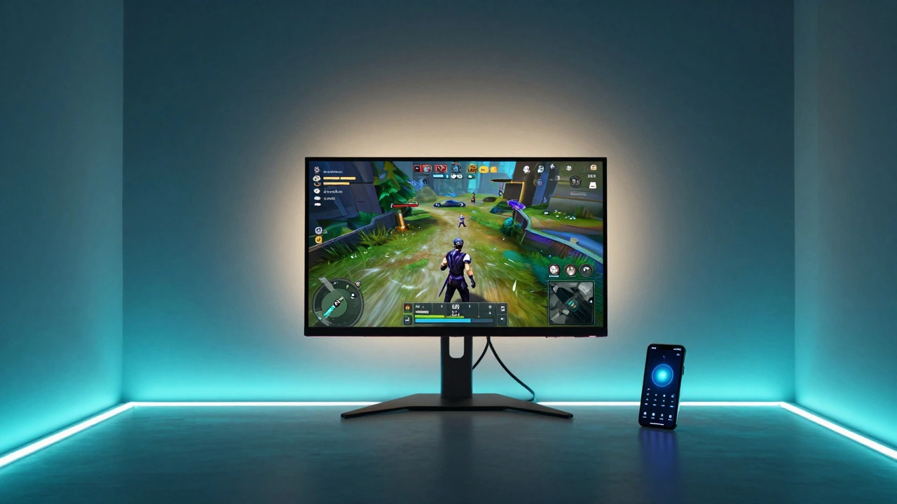 Gaming room with bias lighting behind a monitor and smart lighting controls on a phone.