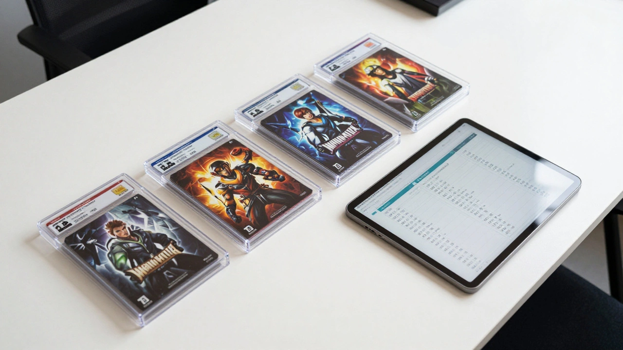 Graded video games in acrylic cases next to a tablet showing market price charts