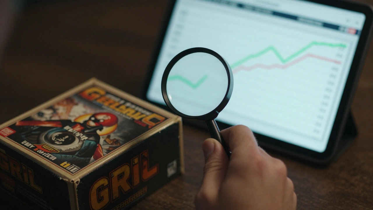 Hands using a magnifying glass to inspect the condition of a vintage video game box for valuation.