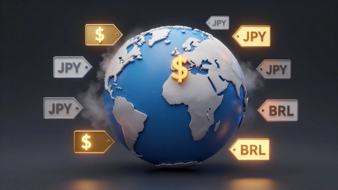 Holographic currency tags floating around a digital globe