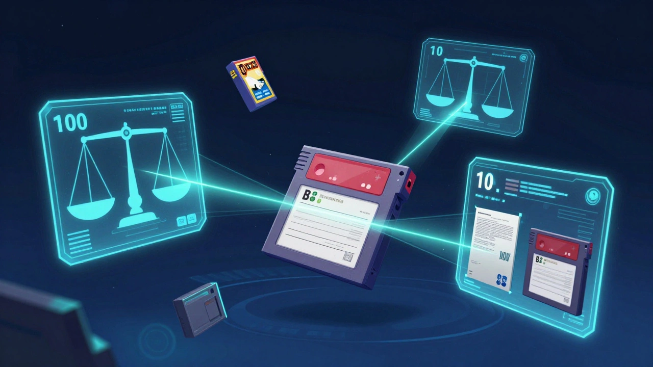 Holographic grading scales analyzing a floating vintage game cartridge with neon lasers.