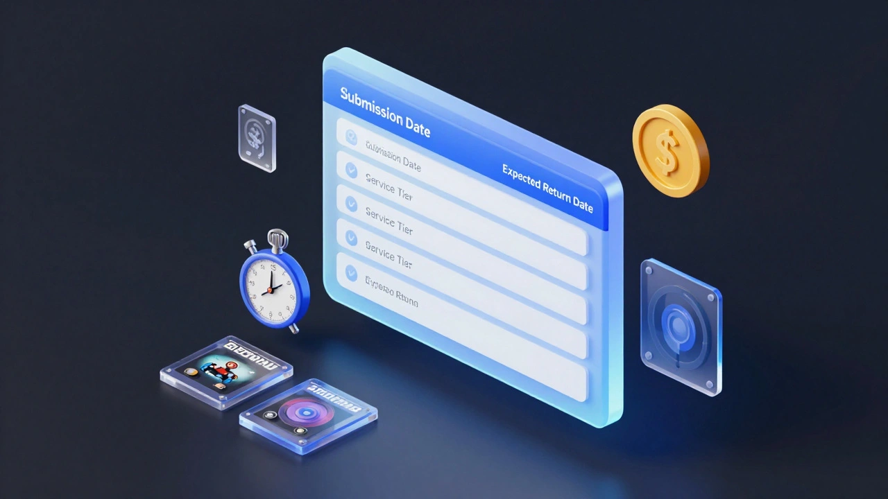 Isometric 3D illustration of a digital spreadsheet tracking game grading costs and dates
