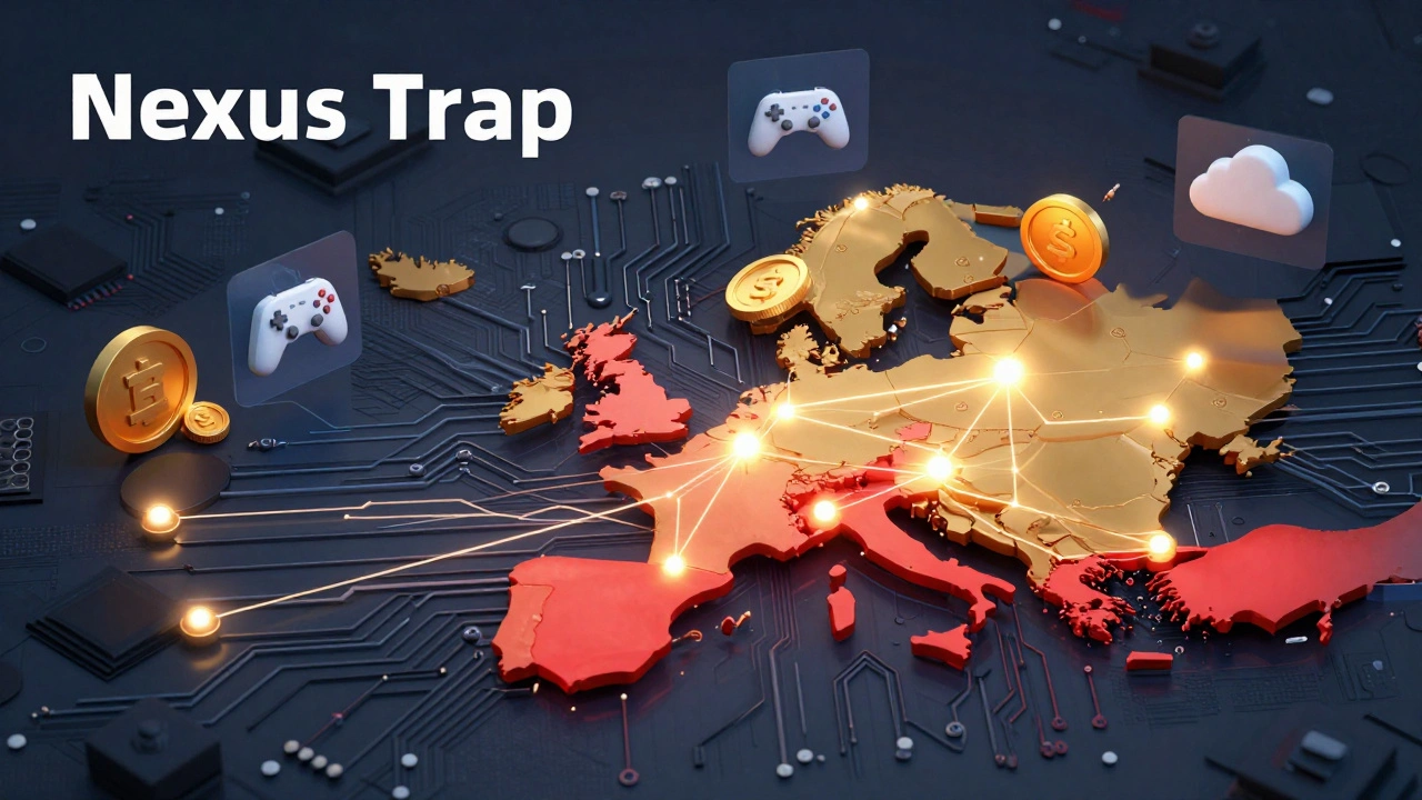 Isometric 3D map of US and Europe as a circuit board symbolizing global digital tax laws.