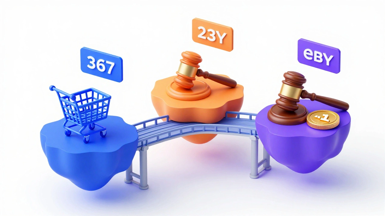 Isometric illustration of three digital marketplaces connected by floating price tags