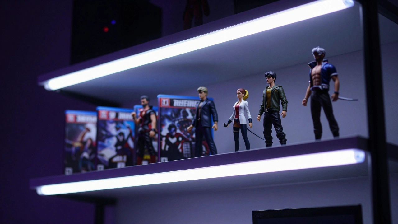 LED strip lights with frosted diffusers providing soft, indirect light on game collections.